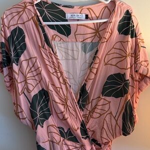 Ava Sky Pink Romper with Black and Brown Taro Leaf Design